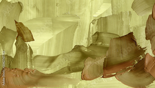 Abstract brush strokes create a textured landscape of muted greens