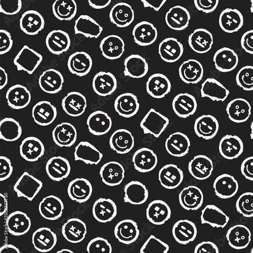 Black and white seamless pattern with grunge emoji faces and speech bubbles in an abstract repeating layout. Modern playful background for textile and branding
