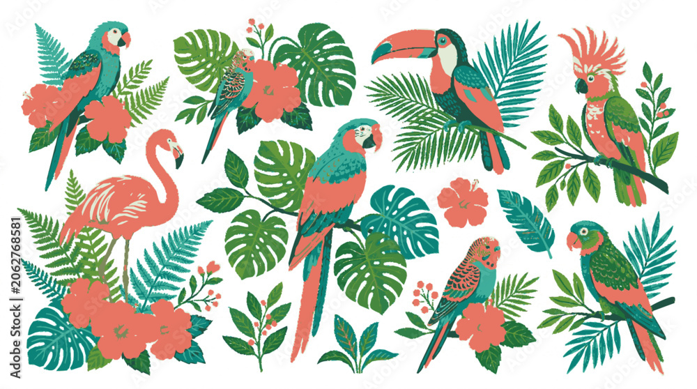 Obraz premium Tropical bird and exotic flower collection with parrots