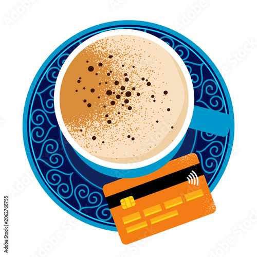 cup of cappuccino is paid for with credit card. bright flat drawing, top view. stock vector illustration. EPS 10.