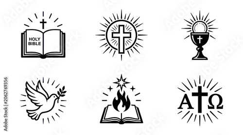 Set of minimalist christian religious icons with cross and bible