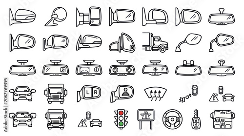 Automotive side mirror and rearview mirror line icons for vehicles