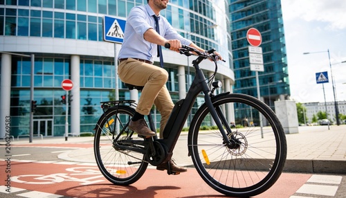 Young adult businessman riding an electric bicycle on a city street near office buildings, sustainable urban commuting and eco-friendly transportation for professional lifestyle