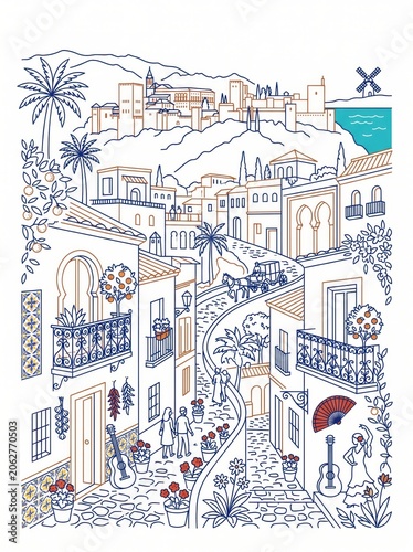 Mediterranean village line art illustration, traditional Spanish town street with fortress and palm trees, scenic European travel poster design
