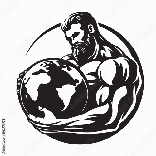 Tableau sur toile Strong Muscular Man Holding Globe Symbol of Power Vector Illustration