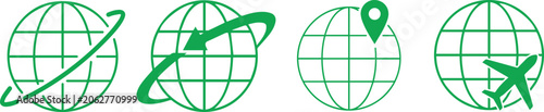 Global travel icon set with airplane location pin and orbit globe minimalist outline vector isolated on light background for navigation and tourism UI design