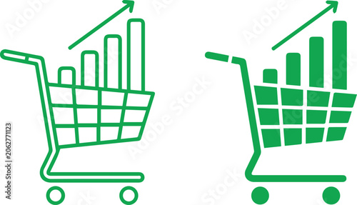Shopping cart growth icon with upward graph clean outline vector red line style isolated on light background for eCommerce analytics and sales performance UI design
