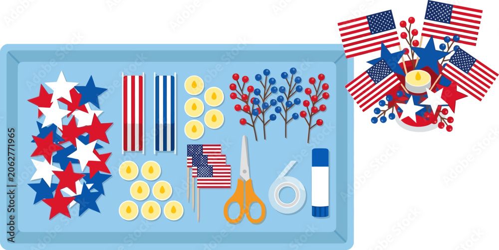 Obraz premium Crafting tray contains an assortment of stars, ribbons, flags, and berries for holiday decorations.
