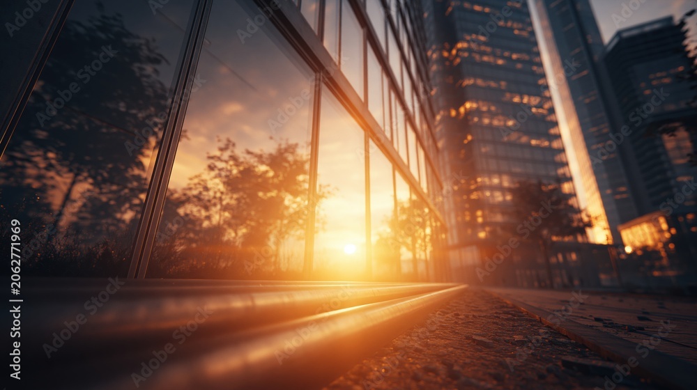 Obraz premium Modern Cityscape at Sunset with Glass Skyscraper Reflections and Warm Golden Hour Light