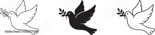Three Doves with Olive Branches Peace Vector Silhouettes.