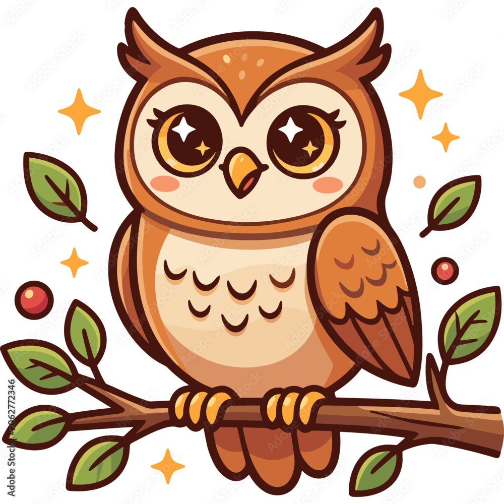 Obraz premium A cartoon owl perches on a branch surrounded by leaves and sparkles.