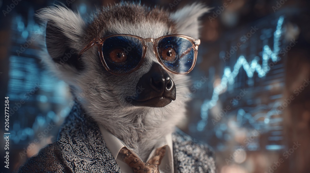 Fototapeta premium A sophisticated lemur wearing glasses and a formal suit, exuding confidence in a stylish business setting.