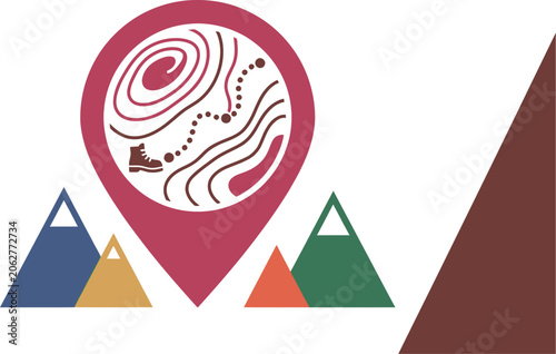 Mountain range silhouette features a red navigation pin containing a hiking trail map and boot.