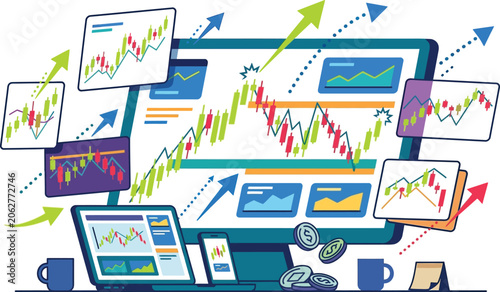 Computer monitor displays complex financial stock market charts with rising trend arrows and coins.