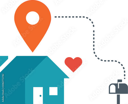 House icon with a map pin and mailbox illustrates the concept of residential delivery services.