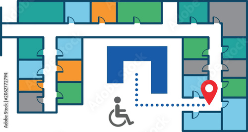 Wheelchair symbol navigates through a colorful floor plan to a specific destination in this accessibility graphic illustration.