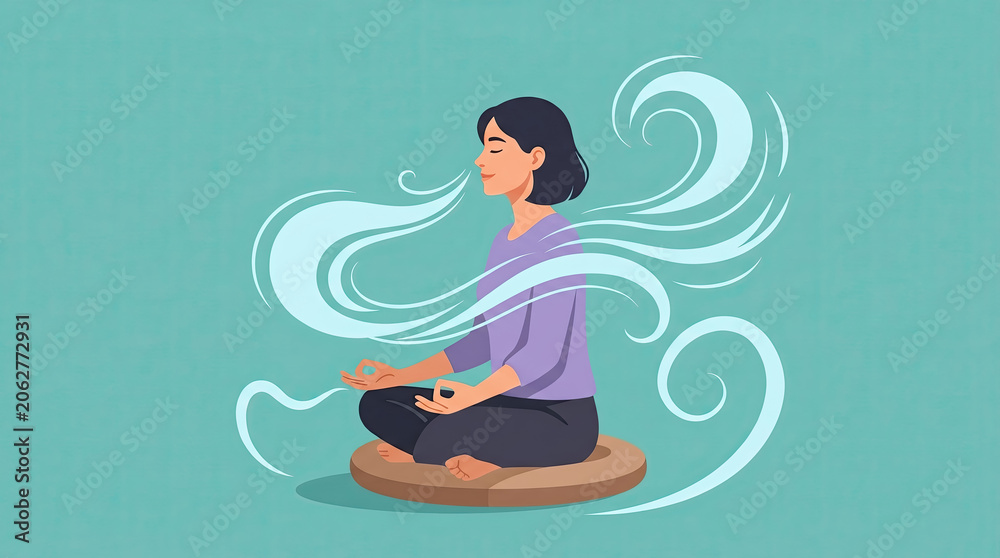 Obraz premium Woman meditating in lotus pose with calm flowing breath