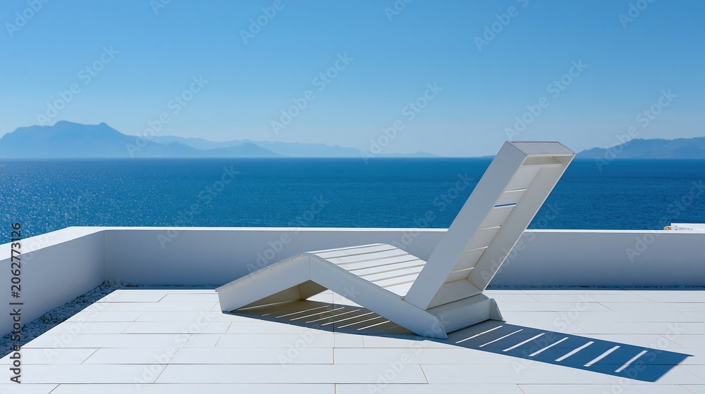 Fototapeta premium Modern white chaise lounge on a sunny terrace overlooking the deep blue ocean and distant mountains