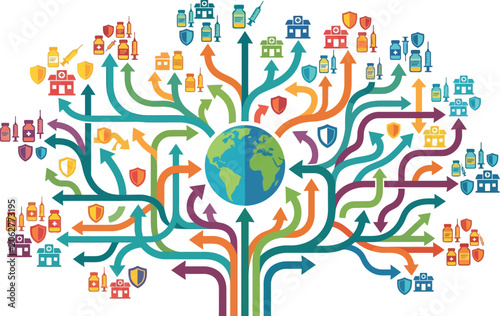 Globe acts as the central hub for a complex tree structure of diverse medical supplies and hospital buildings.