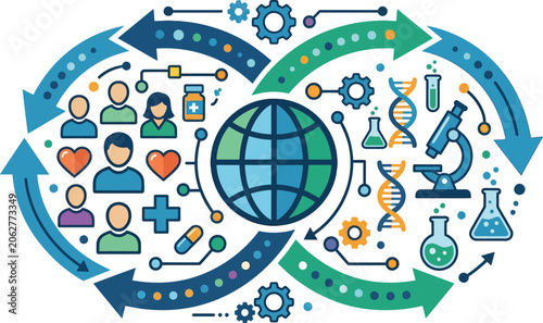 Global society and science integration flows through an infinity loop symbol depicting human health and technology.