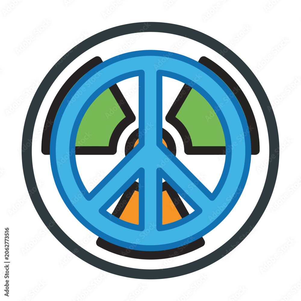 Obraz premium A blue peace sign is overlaid on a colorful radiation symbol