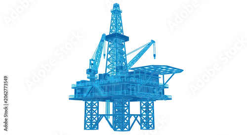 Blue wireframe blueprint of an offshore oil platform
