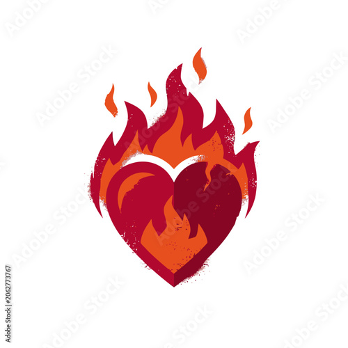 A vibrant red heart shape engulfed in bright orange flames