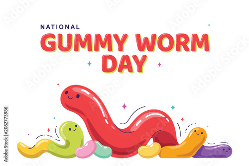 Foto National Gummi Worm Day Cartoon Vector Art, Colorful Candy Worms Isolated on Whi