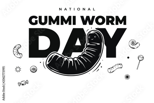 Foto National Gummi Worm Day Vector Illustration, Funny Candy Celebration Sweet Food