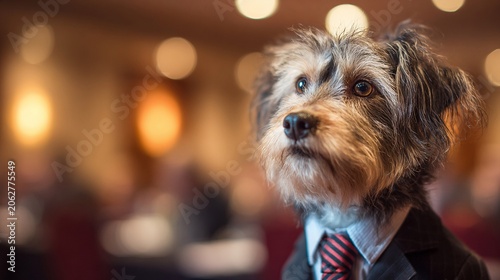 A dapper male terrier mix dressed in a suit and tie, exuding charm in an elegant venue.