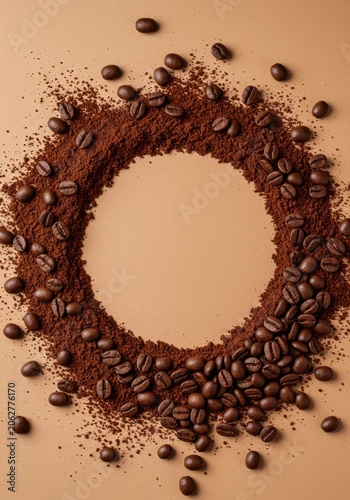 A flat lay composition of dark roasted coffee beans and fine ground powder scattered around a perfect round negative space for text or logo placement, breakfast, top view, brown