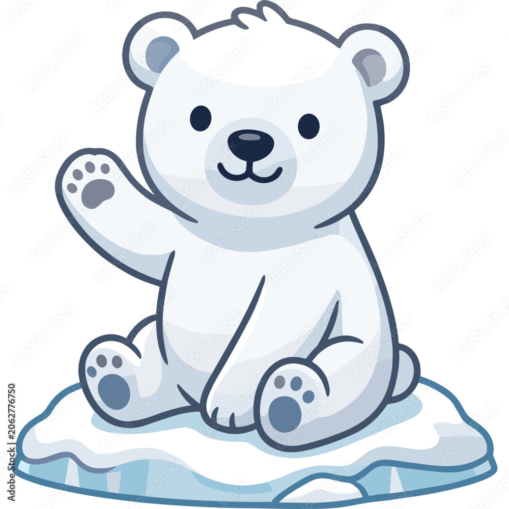 Fototapeta premium A cartoon polar bear sitting on melting ice waving happily outdoors