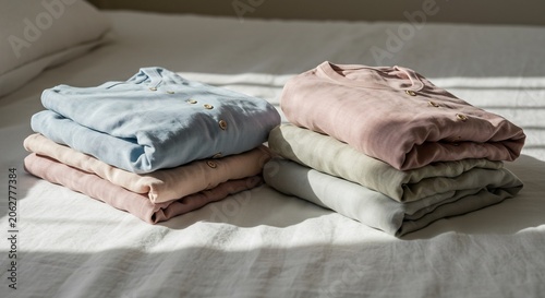 Sunlit Stacks of Folded Pastel Pajamas with Buttons on a White Bed