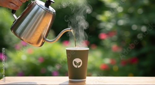 Sustainable Morning Ritual: Pouring Steaming Water into an Eco-Cup in a Lush Garden