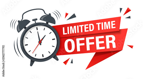 Alarm clock with limited time offer red banner on black background with triangles