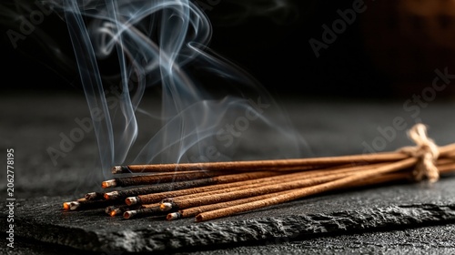 Close-up of burning incense sticks tied with twine, emitting fragrant smoke on a dark slate surface