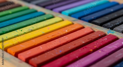 Vibrant Rainbow Pastel Crayons in Wooden Box, Artistic Color Palette.
