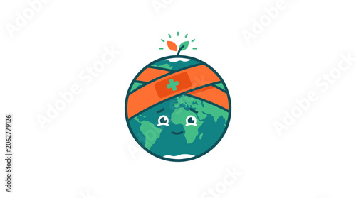 Fotografija Sad Earth cartoon bandaged and healing, concept of environmental protection and