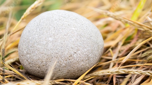 A smooth gray pebble resting among dry golden grass under soft natural light