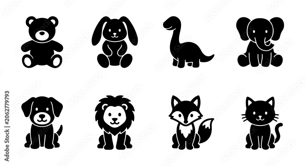 Fototapeta premium Cute Black Animal Icons Set, Vector Graphics for Kids, Teddy Bear, Bunny, Dinosaur, Elephant