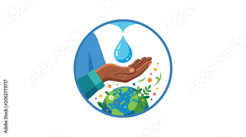 Tableau sur toile Hand catching water drop above planet earth with leaves and flowers, water conse