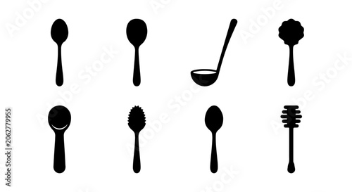 Bild auf Leinwand Diverse Spoon Silhouettes, Kitchen Utensil Icons, Serving Ladle, Honey Dipper, V
