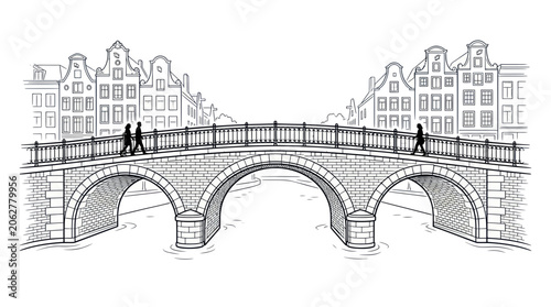 Tableau sur toile Arched stone bridge over canal with classic gabled houses
