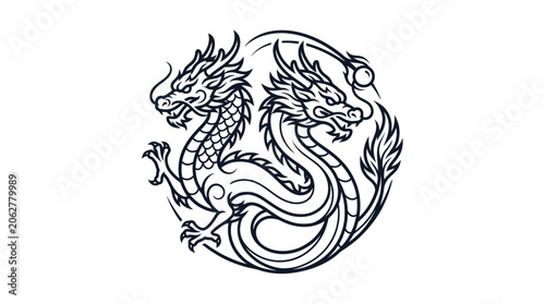 Obraz na płótnie Mythical dragons entwined in a circular line art emblem