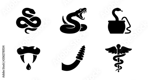 Bild auf Leinwand Snake Icons Set, Serpent Symbols, Medical Caduceus, Venomous Fangs, Reptile Grap