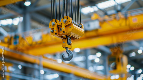 Close-up of a crane hook and blocks against the background of a production hall's beams - about lifting and moving cargo, warehouse logistics, and heavy equipment.