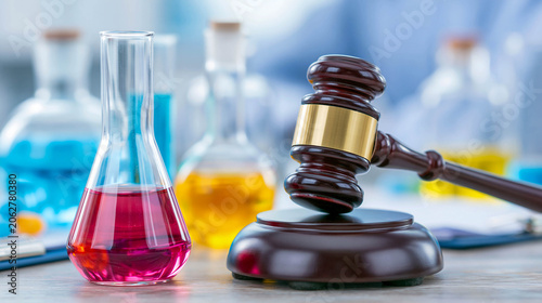 A flask of colored chemical liquid on a table next to a judge's gavel in a blurry laboratory background is a shot about the legal regulation of science, laboratory testing