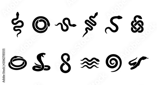 Set of 12 Black Snake Vector Icons, Reptile Silhouettes for Wildlife and Mythology Graphics