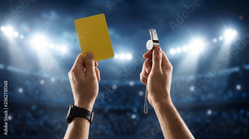 Referee holding up a yellow card and metal whistle in a stadium for fairness and penalty decisions in professional soccer match competition under bright night floodlights for sports officials