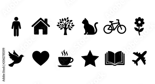 Simple Black Icons: Home, Nature, Travel, Lifestyle Symbols Vector Set